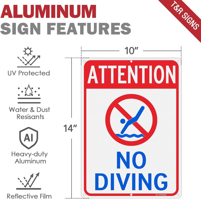 TR Attention No Diving Sign - 2 Pack - 14"x10" .040 Rust Free Heavy Aluminum, Reflective, Waterproof, Weatherproof and Fade Resistant, 6 pre-drilled holes, Easy to Mount - Image 2